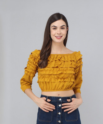 SHACADES Casual 3/4 Sleeve Solid Women Yellow Top