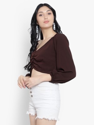 Pyramid Fashions Casual Solid Women Brown Top