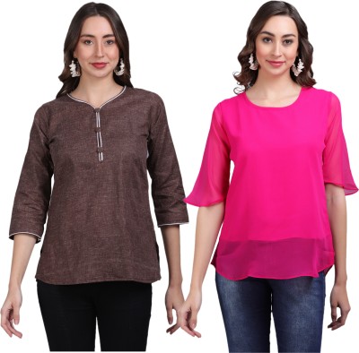 AXOLOTL Casual Self Design Women Brown, Pink Top