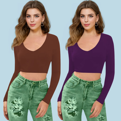 NAVYANKAA Casual Solid Women Purple, Brown Top