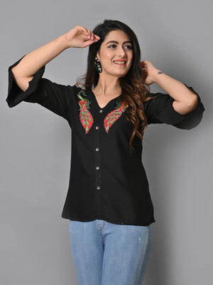 IQRAAR Casual Embroidered Women Black Top