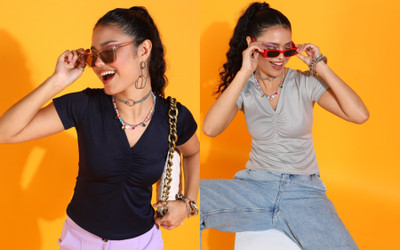 METRONAUT Casual Solid Women Black, Grey Top