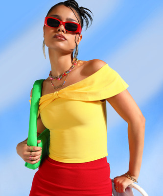 VICIA Casual Solid Women Yellow Top