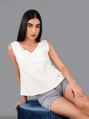 french crown Casual Solid Women White Top