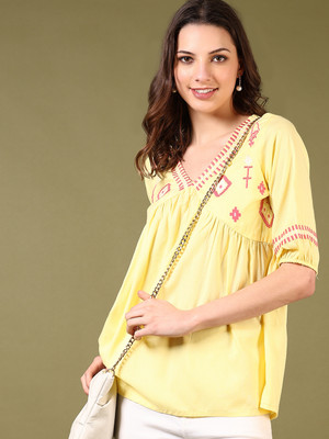 V-MART Casual Embroidered Women Yellow Top