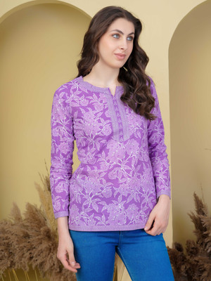 Threadflix Casual Floral Print Women Purple Top