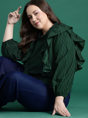 DressBerry Curve Casual Self Design Women Green Top