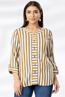 mustard Casual Striped Women Beige, White Top