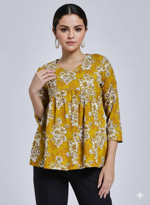 Jatsy Casual Floral Print Women Yellow, White Top