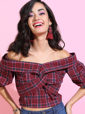 Tokyo Talkies Casual Checkered Women Maroon Top
