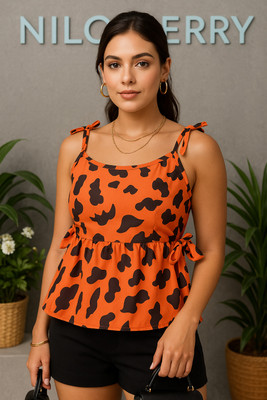 NiloBerry Party Printed Women Orange, Black Top