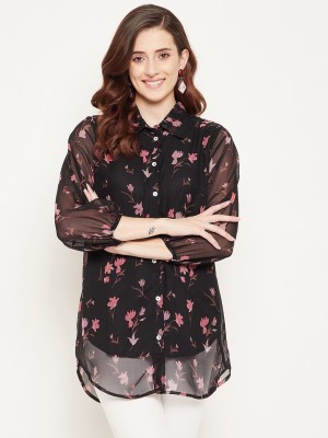 BITTERLIME Casual Floral Print Women Black Top