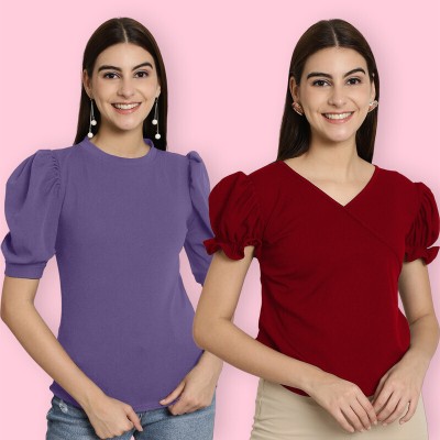 Tromko Casual Solid, Color Block Women Purple, Red Top