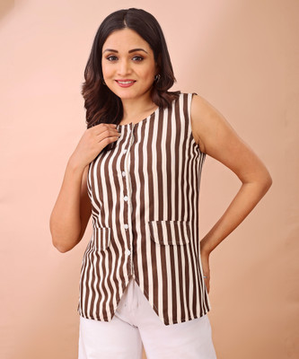 FashFun Formal 3/4 Sleeve Striped Women Brown Top