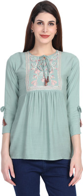 Stylistico Casual Embroidered Women Light Blue Top