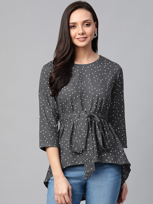 Yash Gallery Casual 3/4 Sleeve Polka Print Women Grey Top