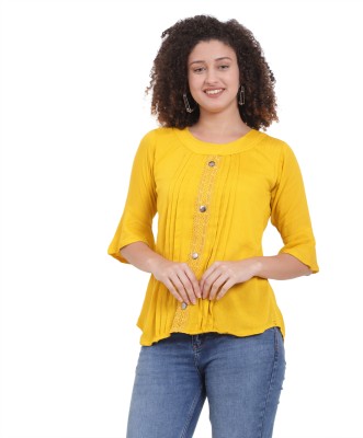 GalaxyBubble Casual Solid Women Yellow Top