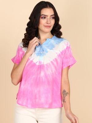 maaesa Casual Tie & Dye Women Pink, White, Light Blue Top