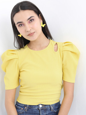 Tokyo Talkies Party Solid Women Yellow Top