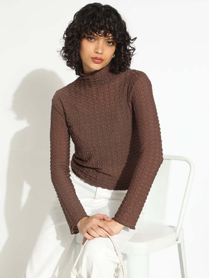 SHOWOFFFF Casual Self Design Women Brown Top