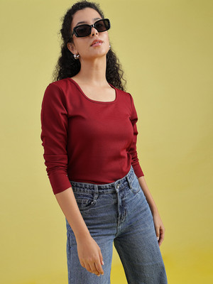 LIMEROAD Casual Solid Women Maroon Top