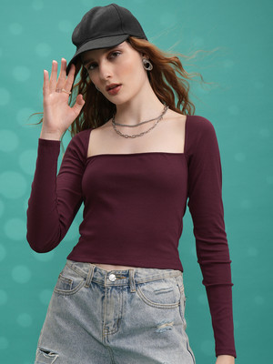 Tokyo Talkies Casual Solid Women Maroon Top