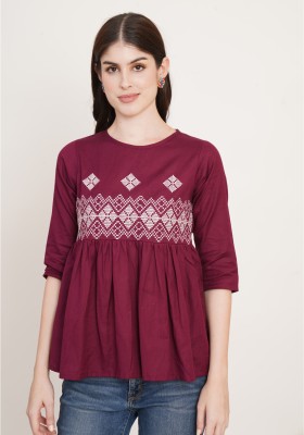 Brownverse Casual Embroidered Women Purple Top