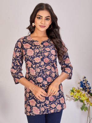 Larqi Casual Floral Print Women Blue Top