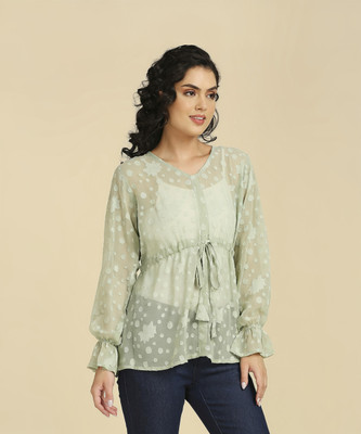 GUFRINA Casual Self Design Women Light Green Top