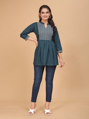 Parnavi Casual Embroidered Women Dark Green, White Top