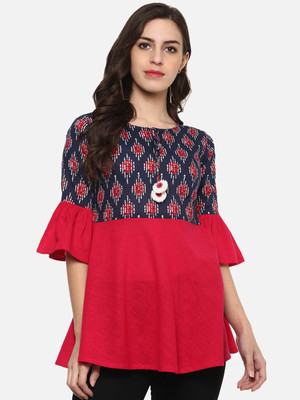 AKIKO Party Bell Sleeve Printed Women Red Top
