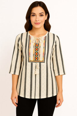 Xiyara Casual Striped Women Black, Beige Top