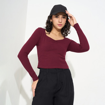 PEOPLE Casual Solid Women Maroon Top