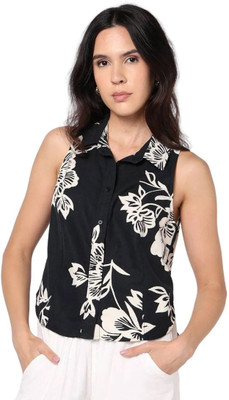 GAP Casual Floral Print Women Black, White Top