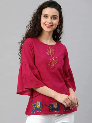AKIKO Casual Bell Sleeve Printed Women Pink Top