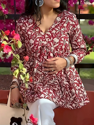 Maheshvi Casual Floral Print Women Red Top