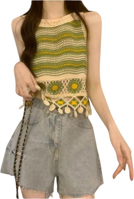 Classye Creation Casual Self Design Women Green Top