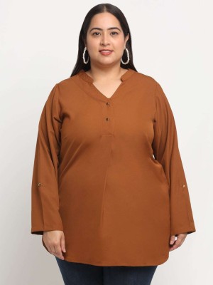 PLUSS Casual Solid Women Brown Top