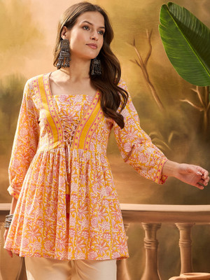 Sangria Casual Floral Print, Printed Women Yellow Top