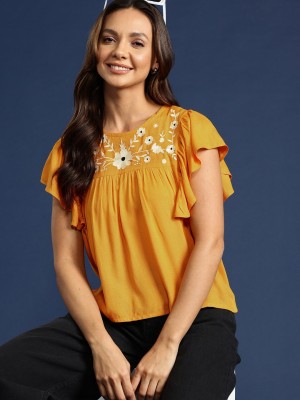 Mast & Harbour Casual Embroidered Women Yellow Top