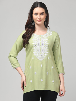 MISS DESIRE Women Chikan Embroidery A-line Kurta(Light Green)