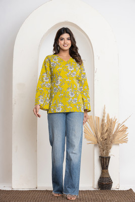 Cullman Casual Floral Print, Printed, Self Design, Animal Print, Geometric Print Women Yellow Top
