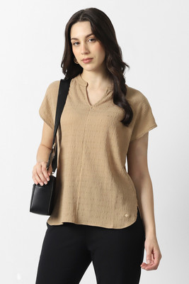 VAN HEUSEN Casual Self Design, Solid Women Beige Top