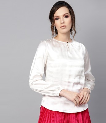 SASSAFRAS Party Cuffed Sleeve Solid Women White Top