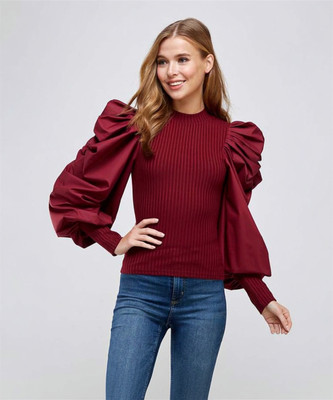 Western Darji Casual Full Sleeve Solid Women Maroon Top