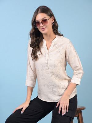 CRIMSOUNE CLUB Casual Floral Print Women Beige Top