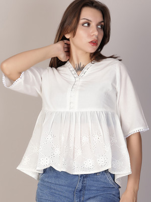 V-MART Casual Self Design Women White Top