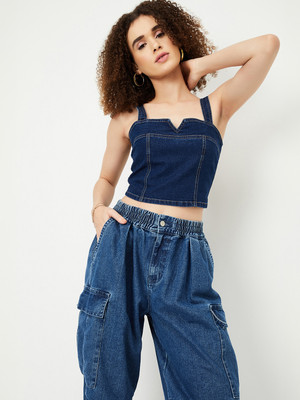MAX Casual Solid Women Blue Top