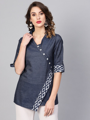 AKIKO Casual 3/4 Sleeve Printed Women Blue Top
