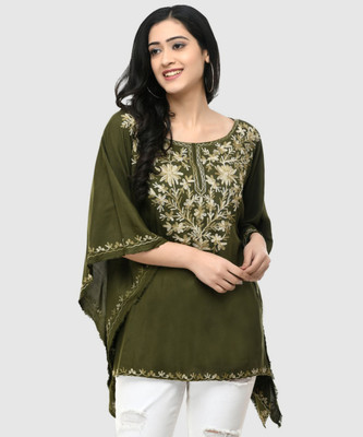 SAAKAA Casual 3/4 Sleeve Embroidered Women Dark Green Top